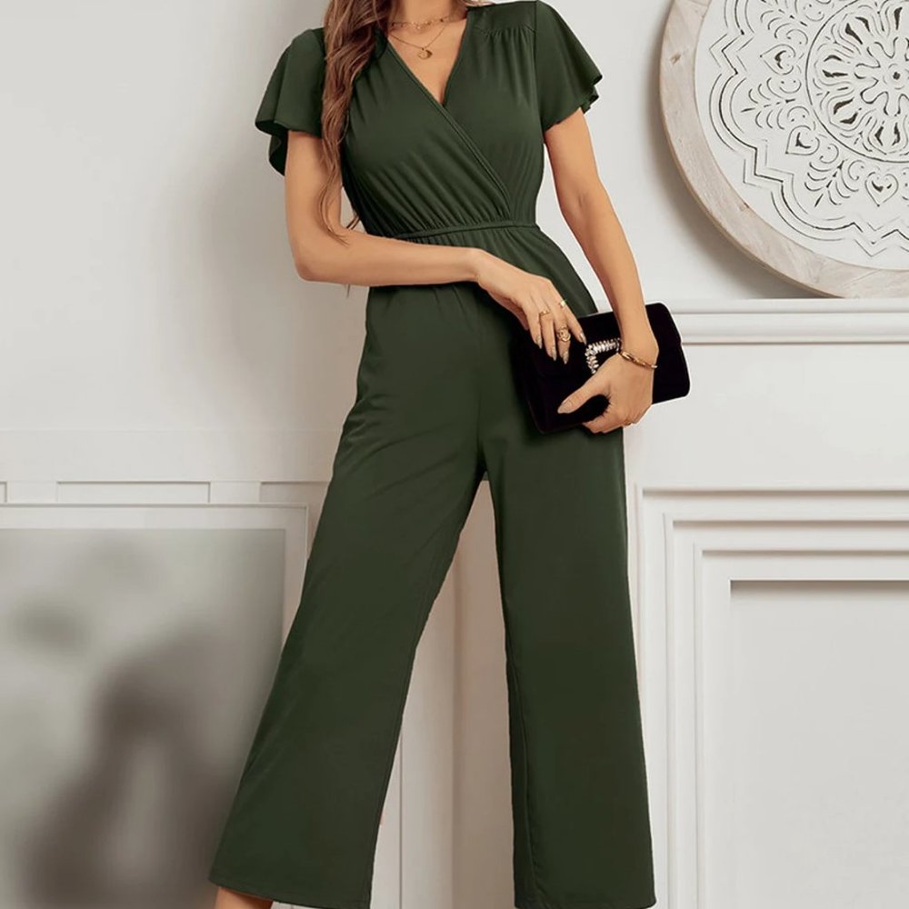 Women V Neck Cross Short Ruffled Sleeve Fitted Solid Wide Leg Jumpsuit, Gift for